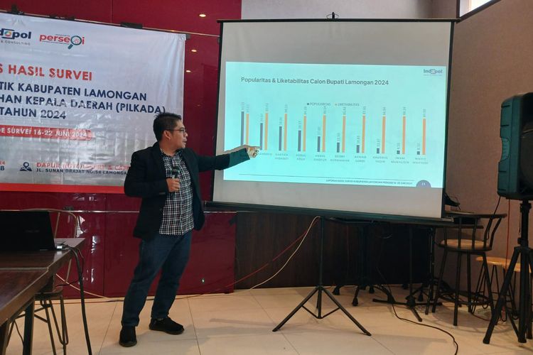 Direktur Indopol Survey Ratno Sulistiyanto, saat memaparkan hasil riset yang dilakukan oleh pihaknya mengenai Pilkada Lamongan 2024, di Lamongan, Jawa Timur, Selasa (2/7/2024).