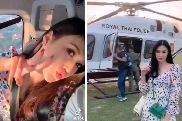 Kolase foto tangkapan layar video di TikTok yang merekam seorang istri polisi pamer naik helikopter Kepolisian Kerajaan Thailand.