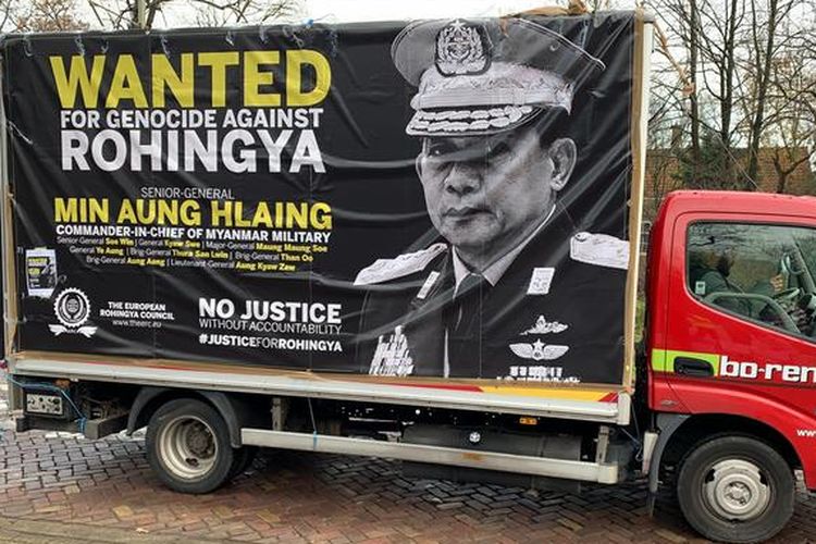 A banner protesting Min Aung Hlaing, the Myanmar Army general who masterminded the coup that overthrew Aung San Suu Kyi and her NLD party