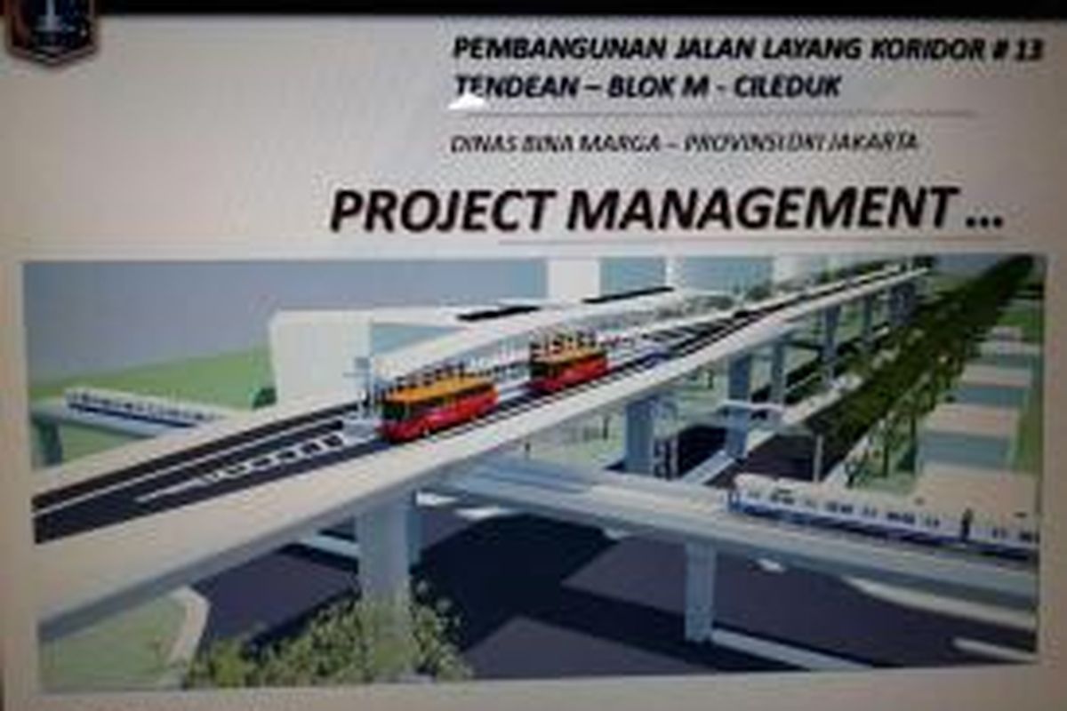 Ilustrasi kondisi jalan layang transjakarta koridor 13 lengkap dengan haltenya, di perempatan Jalan Trunojoyo. Terlihat jalan layang saling bersinggungan dengan jalur layang MRT. Namun, tak ada gambar yang menjelaskan nantinya akan ada halte MRT di titik tersebut. 