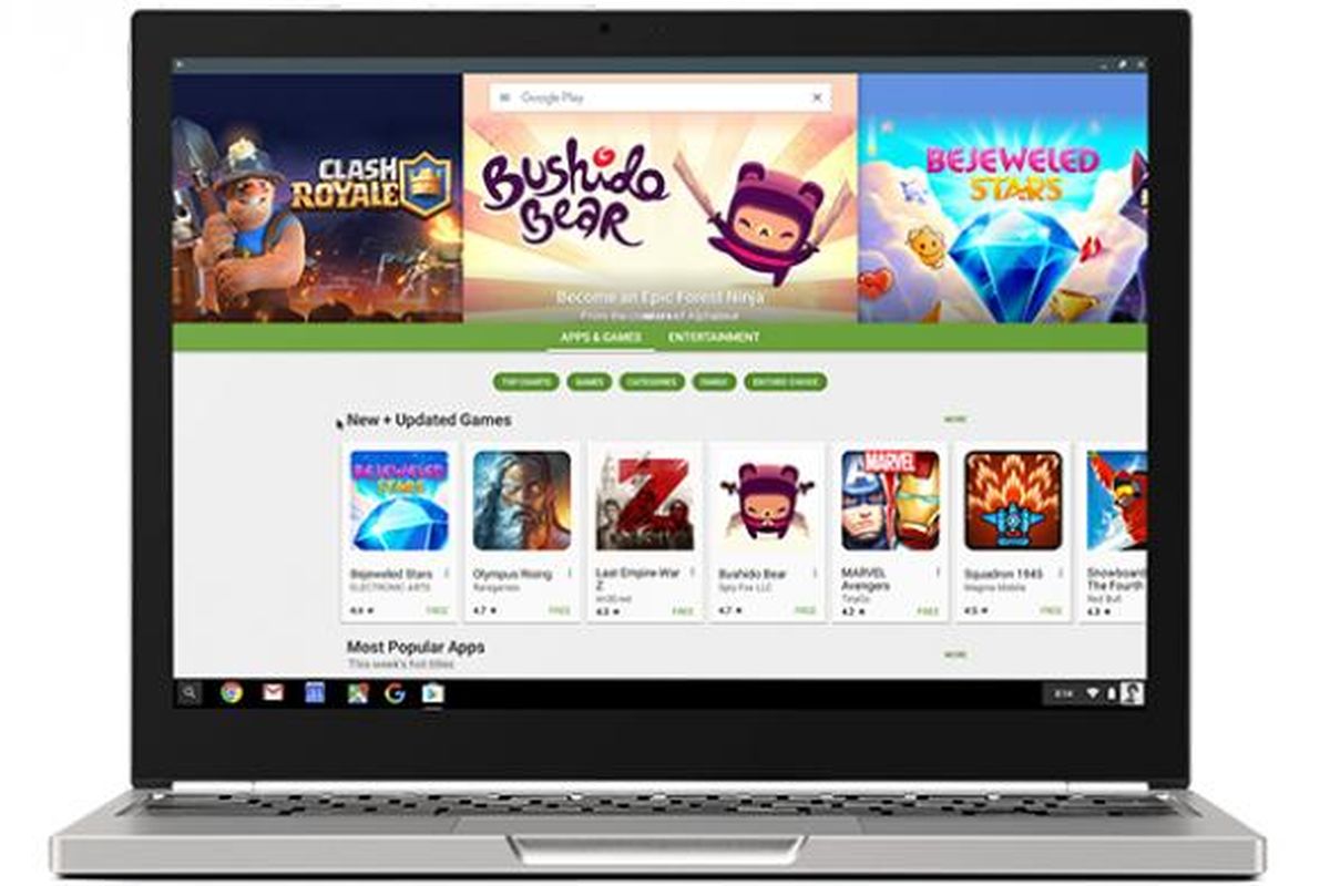 IIustrasi Google Play Store di laptop Chromebook