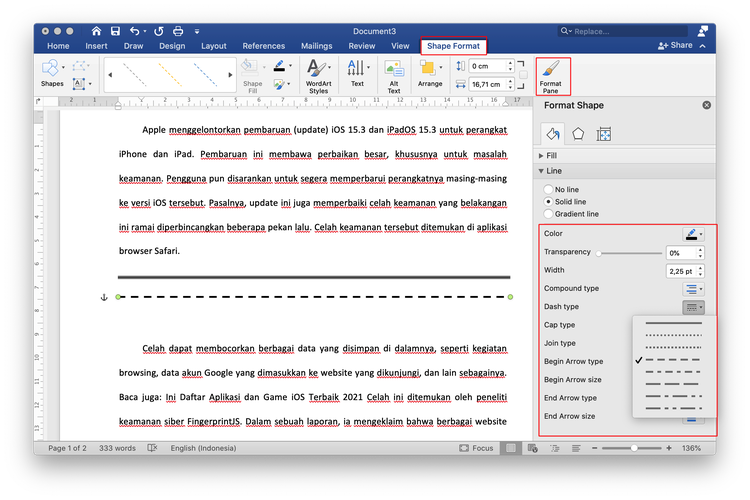 Ilustrasi cara membuat garis kop surat di Word.