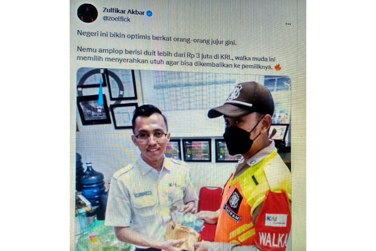 Sebuah twit bernarasi satpam di Kereta Rel Listrik (KRL) menemukan amplop berisi uang Rp 3 juta dan memilih menyerahkan secara utuh agar bisa dikembalikan ke pemiliknya.