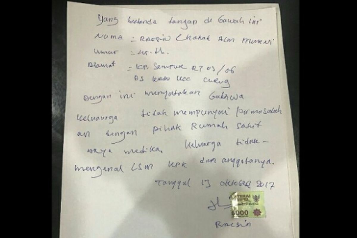 Surat pernyataan bermaterai Rp 6.000 yang dikeluarkan keluarga pasien di RS Arya Medika pada 13 Oktober 2017 lalu. 