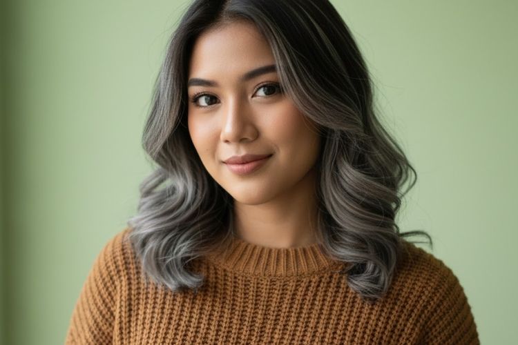 Ilustrasi perempuan beruban memakai sweater warna coklat.