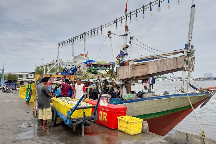 Para nelayan KM Sukma Jaya dari Banten mengeluarkan ikan hasil tangkapannya saat merapat di Pelabuhan Muara Angke, Penjaringan, Jakarta Utara, Jumat (8/4/2022).
