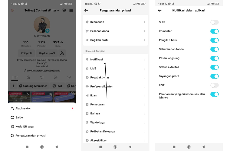 Ilustrasi cara menonaktifkan notifikasi TikTok