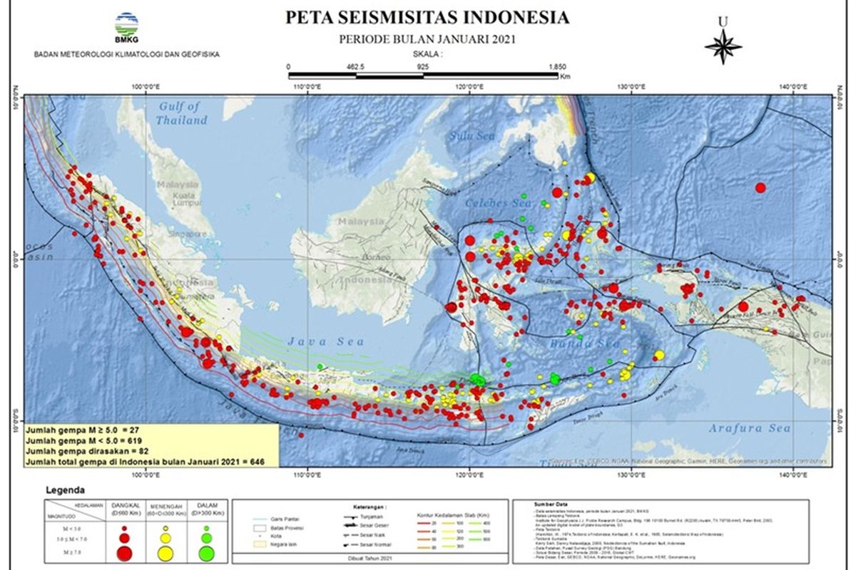 Peta seismitas BMKG mencatat 646 gempa mengguncang Indonesia selama Januari 2021.