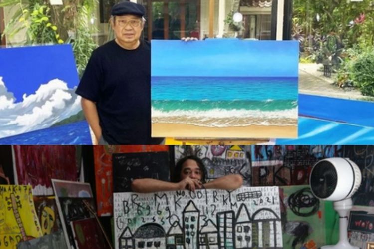 Kolase foto Presiden ke-6 RI Susilo Bambang Yudhoyono dan musisi Jason Ranti. Keduanya mengisi hari-harinya di studio dengan melukis.