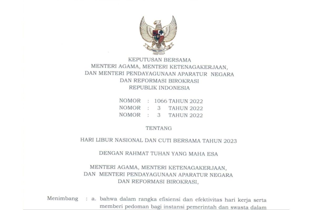 Surat keputusan Bersama (SKB) 3 menteri tentang penetapan hari libur nasional dan cuti bersama tahun 2023.