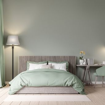 Ilustrasi kamar tidur modern chic, ilustrasi kamar tidur dengan warna hijau pastel. 