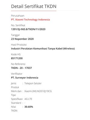 Halaman sertifikat TKDN ponsel yang diduga Poco M3.