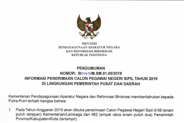 Pengumuman No: B/1069 /M.SM.01.00/2019 tentang Informasi Penerimaan CPNS Tahun 2019 di Lingkungan Pemerintah Pusat dan Daerah yang ditandatangani oleh Menteri PANRB Tjahjo Kumolo.