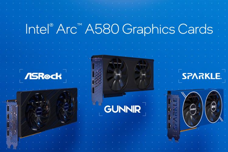 Tiga kartu grafis berbasis GPU Intel Arc A580 dari Asrock, Gunnir, dan Sparkle