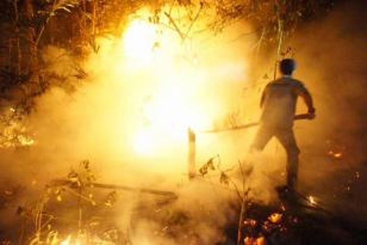 Relawan berusaha memadamkan api di kawasan Taman Nasional Tanjung Puting, Kotawaringin Barat, Kalimantan Tengah, Senin (26/10/2015). Sejak akhir bulan September 2015, para relawan yang berasal dari berbagai lembaga maupun organisasi berjibaku memadamkan api yang menghanguskan sedikitnya 90.000 hektar hutan di TNTP.