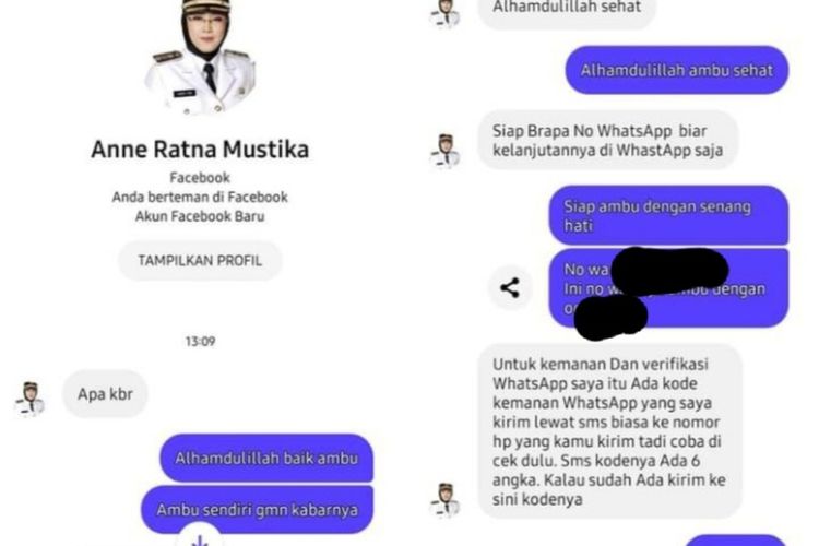 Akun facebook palsu yang mengatasnakan Anne Ratna Mustika, Bupati Purwakarta.