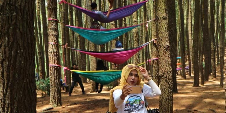 Peserta Take Me Anywhere 2 selfie untuk kompetisi Selfie Run di Kebun Buah Mangunan, Kecamatan Dlingo, Bantul, DI Yogyakarta, Jumat (14/10/2016).