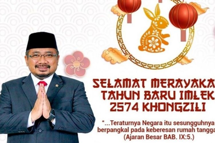 Screen grab from the Ministry of Religious Affairs website shows Religious Affairs Minister Yaqut Cholil Qoumas conveying his Chinese New Year greetings. 