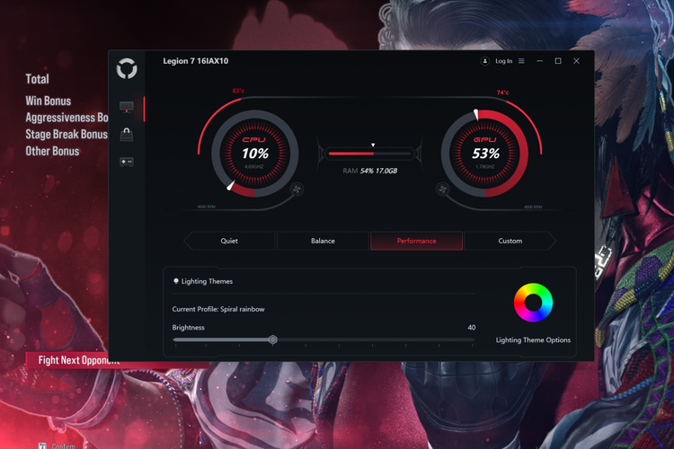 Legion 7i menyediakan empat mode gaming yang bisa dipilih lewat aplikasi Legion Space atau dengan menekan tombol Fn+Q.