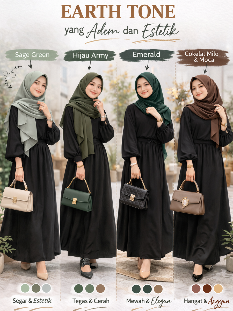 Gamis Hitam Cocok dengan Jilbab Warna Apa? Earth Tone yang Adem dan Estetik.

