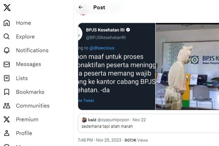 Tangkapan layar unggahan BPJS Kesehatan di media sosial X.