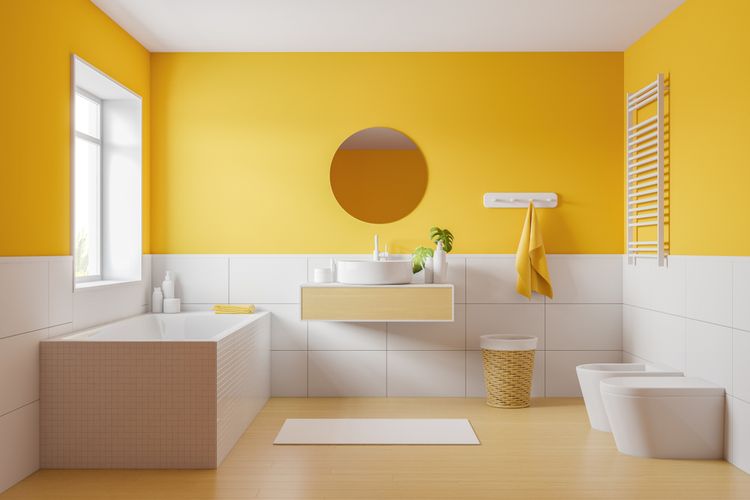ilustrasi kamar mandi berwarna kuning dan putih