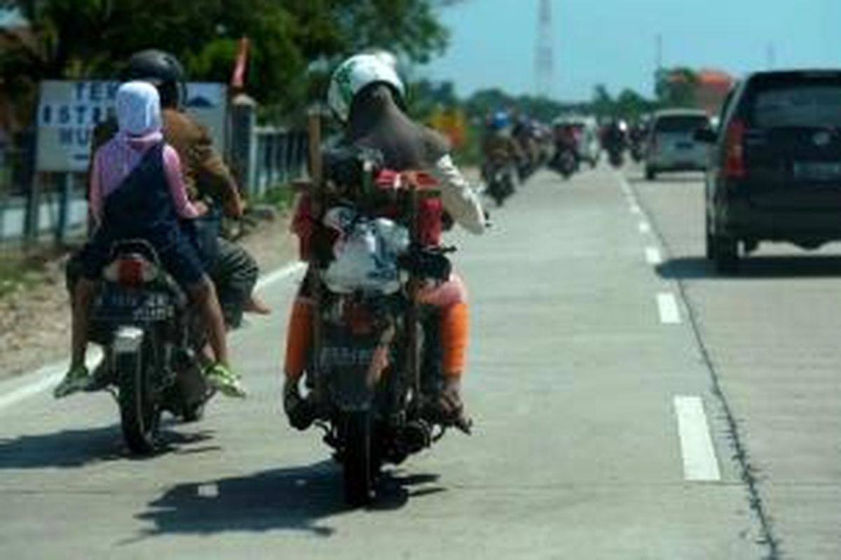 Pemudik sepeda motor mengangkut ayam dalam perjalanannya menuju Jakarta seperti terlihat di Jalur Pantura, Kecamatan Kandanghaur, Indramayu, Jawa Barat, Jumat (1/8/2014).