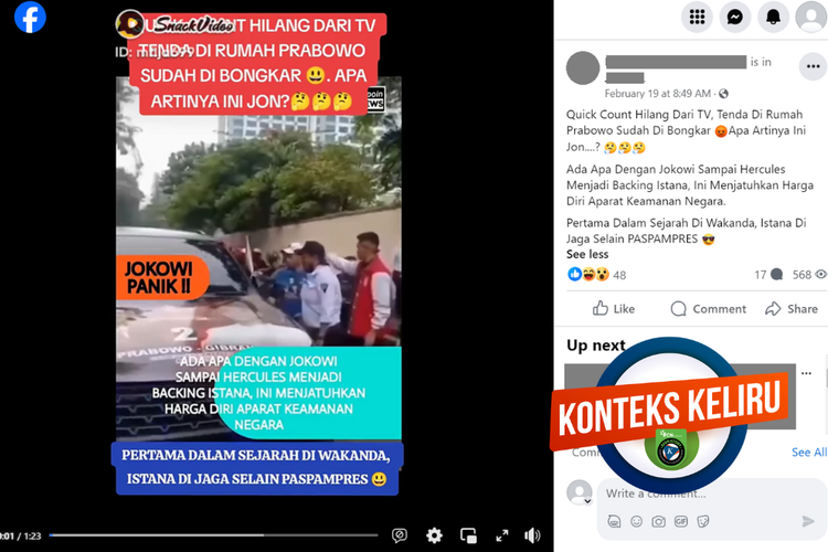 Tangkapan layar konten dengan konteks keliru di sebuah akun Facebook, Senin (19/2/2024), soal pasukan penjaga Jokowi di istana.