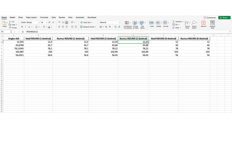 Ilustrasi simulasi formula ROUND di Excel