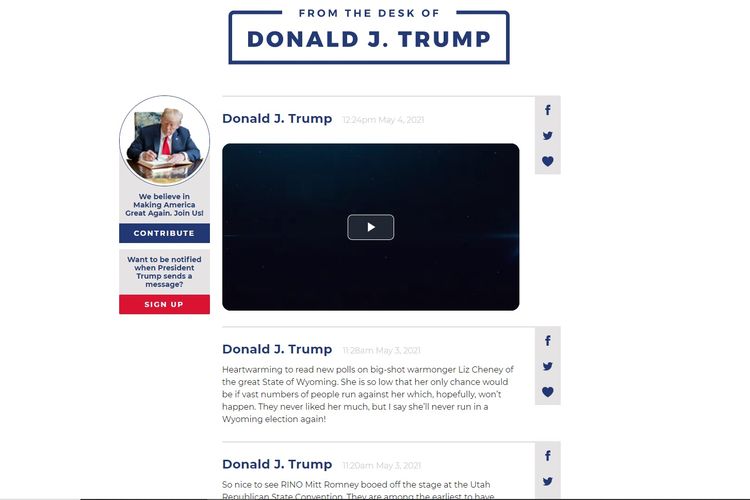 Tangkapan layar di laman www.donaldjtrump.com di mana mantan Presiden Amerika Serikat (AS) Donald Trump  dapat mengunggah pesan yang dapat dibagikan oleh orang lain ke Twitter dan Facebook.