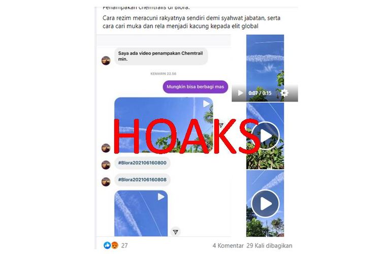 Tangkapan layar unggahan Facebook tentang hoaks chemtrails