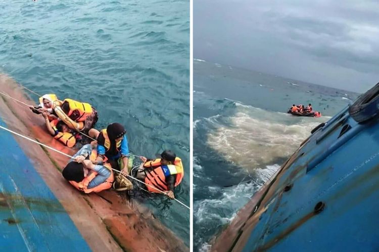 Foto kolase kondisi penumpang yang menyelamatkan diri saat kapal penyeberangan feri KM Lestari Maju akan tenggelam di Perairan Selayar, Sulawesi Selatan, Selasa (3/7/2018).