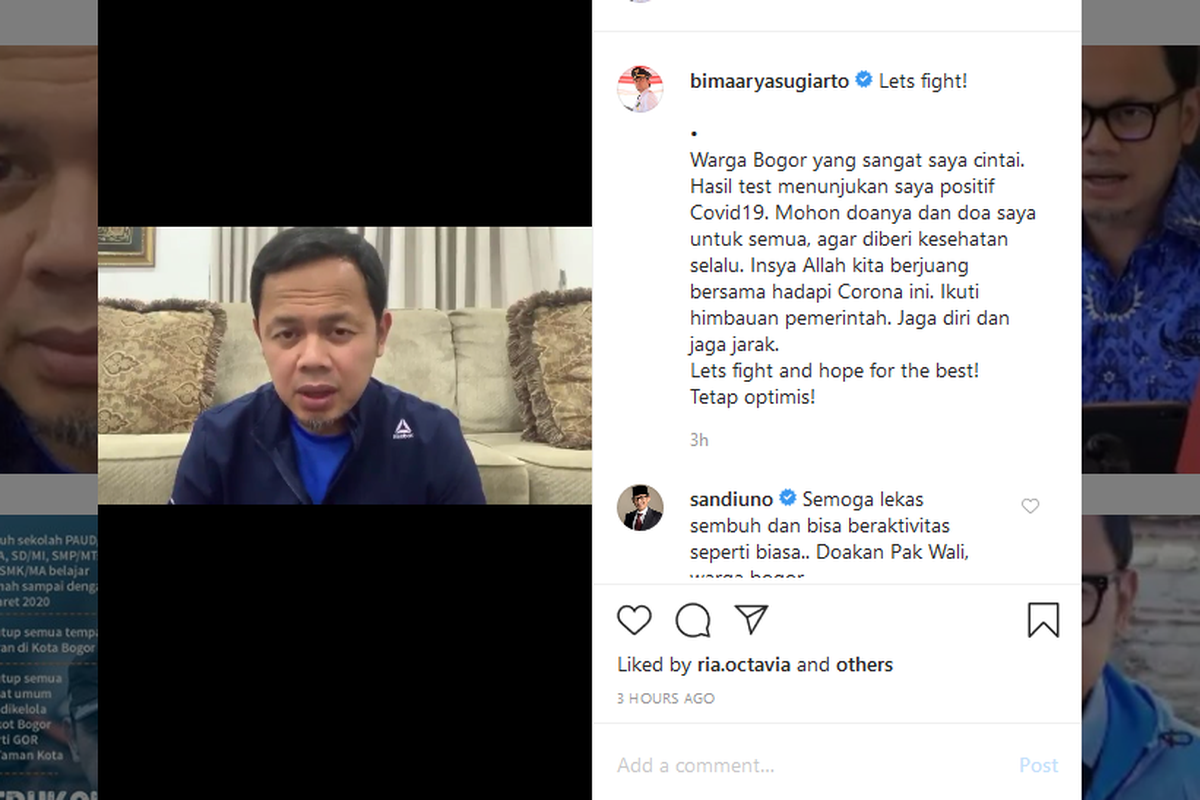 Wali Kota Bogor Bima Arya mengumumkan dirinya positif terkena virus corona melalui akun instagramnya, Jumat (20/3/2020).