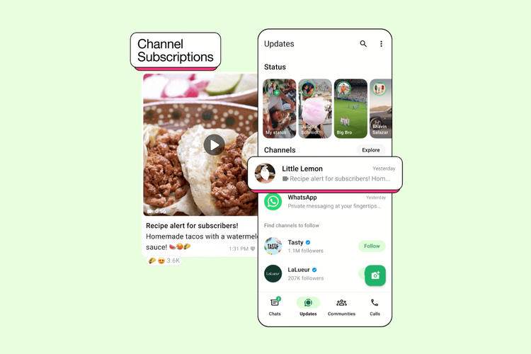 Fitur baru Channel Subscriptions. Fitur ini memungkinkan pemilik channel di WhatsApp untuk menawarkan konten eksklusif kepada para pengikut mereka dengan skema berlangganan bulanan.  
