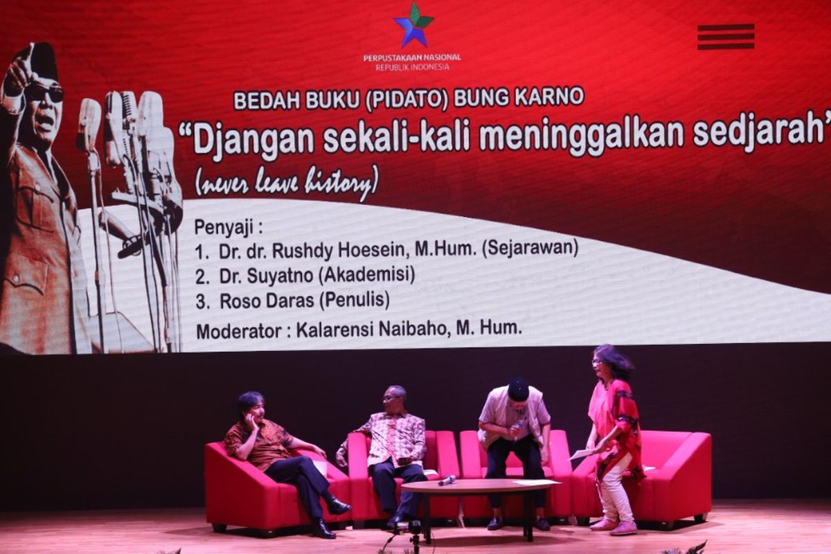 Bedah buku (pidato) Bung Karno Djangan Sekali-kali Meninggalkan Sejarah di Ruang Teater Lt. 2, Fasilitas Layanan Perpustakaan Nasional di Jalan Medan Merdeka Selatan No. 11, Rabu (15/5/2019).