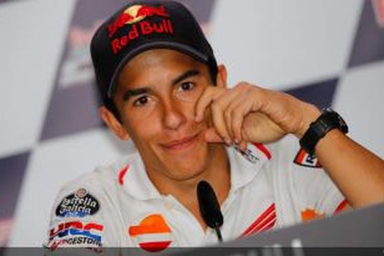 Pebalap Honda, Marc Marquez, berbicara kepada media saat jumpa pers GP Indianapolis, Kamis (15/8/2013).