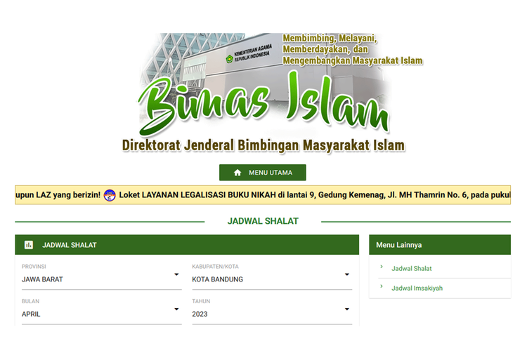 Tangkapan layar jadwal shalat wilayah Kota Bandung dan sekitarnya selama Ramadhan 2023