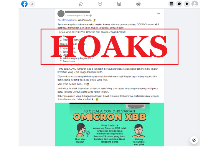 Tangkapan layar unggahan dengan narasi hoaks di sebuah akun Facebook, Sabtu (5/11/2022), soal pesan berantai menarasikan Covid-19 subvarian Omicron XBB lebih beracun dari varian Delta.
