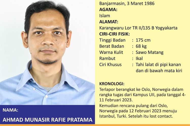 Dosen Universitas Islam Indonesia (UII), Ahmad Munasir Rafie Pratama (AMRP), dilaporkan menghilang setelah mengikuti aktivitas mobilitas global di University of South-Eastern Norway (USN).