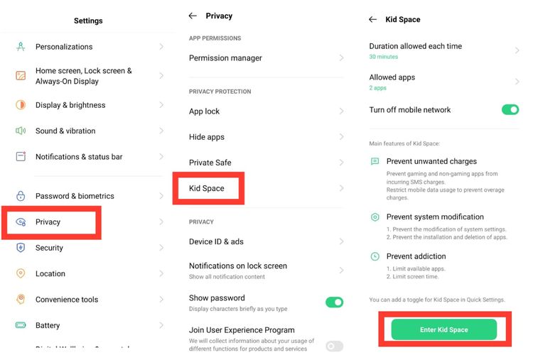 Cara mengaktifkan fitur Kid Space pada Oppo A74.