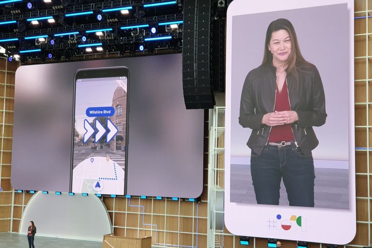 Sabrina Ellis, perwakilan google saat mengumumkan fitur navigasi 3D di Google Maps di ajang Google IO di kantor pusat Google, Selasa (7/5/2019).
