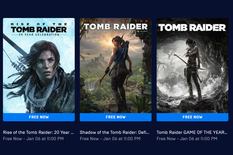 Ilustrasi tiga game Tomb Raider yang digratiskan di Epic Games Store.
