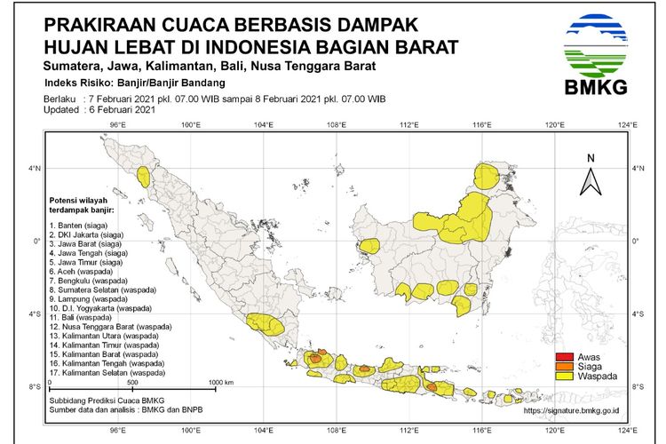 Prakiraan cuaca soal potensi hujan lebat pada Minggu (7/2/2021) hingga Senin (8/2/2021).