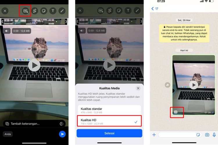 Ilustrasi cara kirim video HD WA di iPhone.