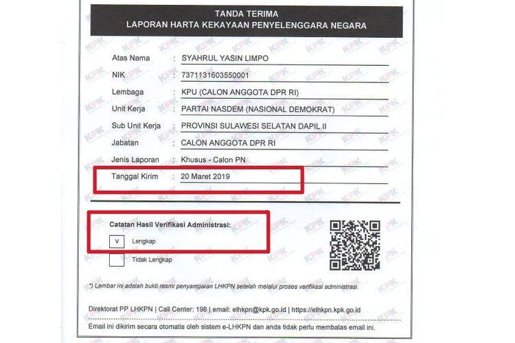 Tanda bukti laporan LHKPN 2019 Menteri Syahrul Yasin Limpo ke KPK.