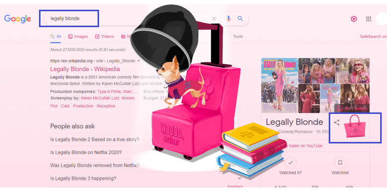 Tangkapan layar tampilan laman Google Search yang berubah menjadi warna pink untuk merayakan 20 tahun film Legally Blonde.
