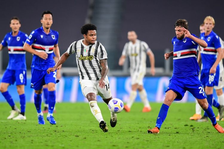 Gelandang Juventus, Weston McKennie, beraksi pada laga kontra Sampdoria di Juventus Stadium, Turin, pada 20 September 2020.