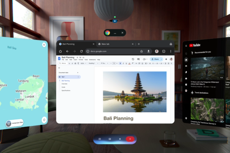 Ilustrasi tampilan Gemini di perangkat berbasis Android XR, seperti headset dan kacamata pintar. Pengguna dimungkinkan untuk merencakan liburan secara imersif dengan tampilan peta, video, atau informasi lain, yang disajikan secara visual.