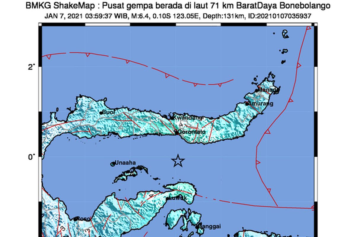 Gempa dengan kekuatan M 6,4 guncang Teluk Tomini pada Kamis (7/1/2021) 03:59:37 WIB.