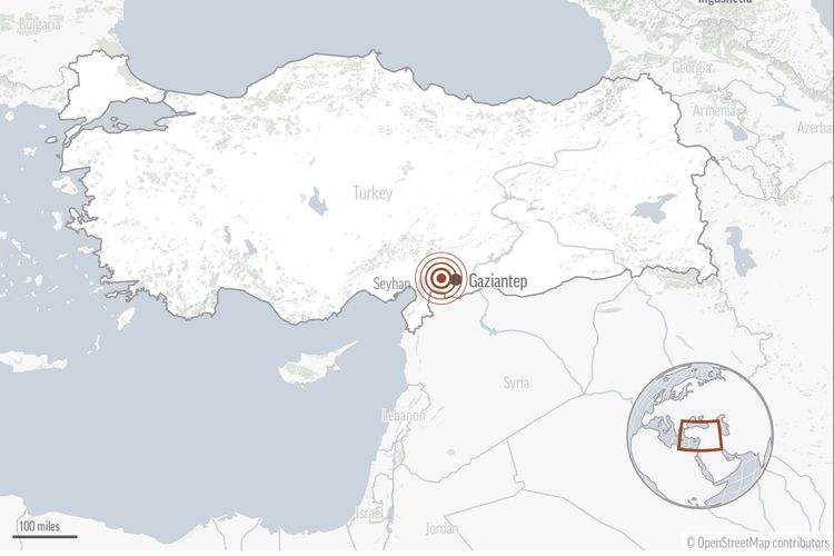 Lokasi gempa Turki atau Turkiye bermagnitudo 7,8 yang mengguncang selatan negara itu pada Senin (6/2/2023).